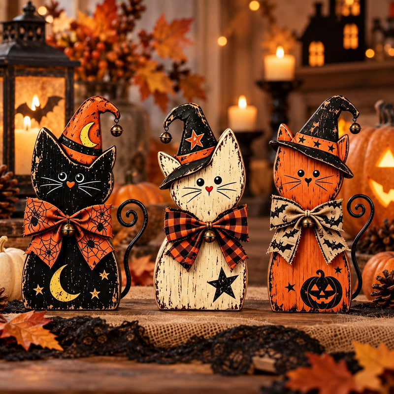 Halloween Cat Decor, Wooden Witch Cat Figurine, Rustic Halloween Shelf Sitter, Black Cat Halloween Decor, Farmhouse Spooky Home Decoration