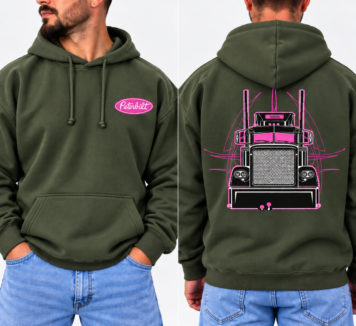 Peterbilt Pink Semi Truck Hoodie, Vintage Trucker Graphic Sweatshirt, Retro Semi Truck Pullover, 2-Sided Print, Unisex Truck Driver Gift