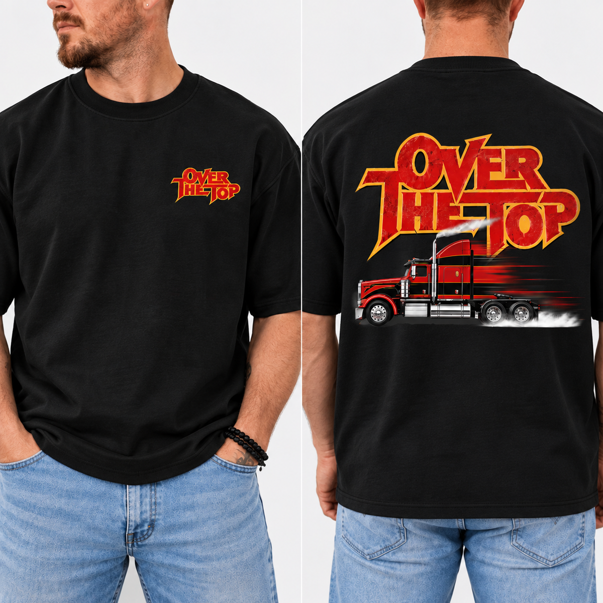 Over The Top Trucker Logo Shirt, Vintage Arm Wrestling Graphic Tee, Classic 80s Movie Style, Retro Truck Driver Gift, Front & Back Print