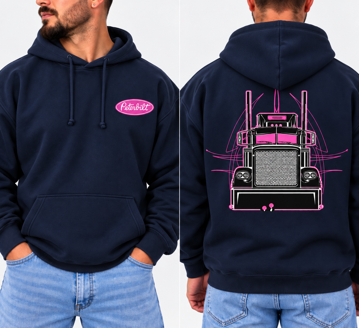 Peterbilt Pink Semi Truck Hoodie, Vintage Trucker Graphic Sweatshirt, Retro Semi Truck Pullover, 2-Sided Print, Unisex Truck Driver Gift