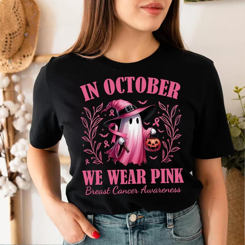 In October We Wear Pink Ghost Shirt, Halloween in October We Wear Pink, Breast Cancer Awareness Shirt, Pink Ribbon Shirt  Golf Gift T-Shirt For Men and Women
