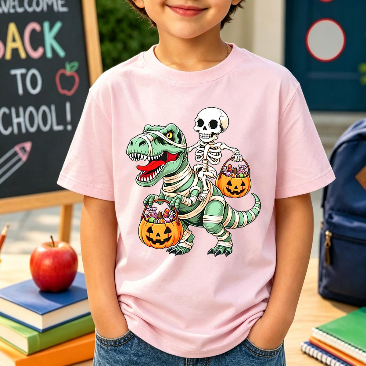 Halloween T-Shirt - Spooky Skeleton Riding Dinosaur & Pumpkin Graphic Tee - Boys & Girls Party Outfit - Soft Everyday Shirt - Birthday or Halloween Party Gift