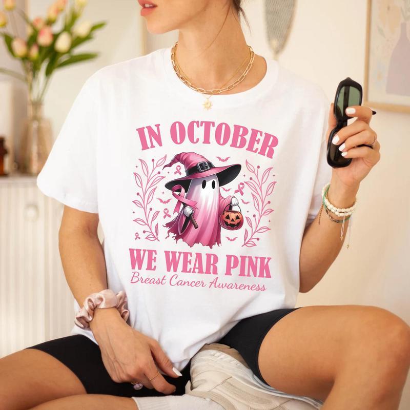 In October We Wear Pink Ghost Shirt, Halloween in October We Wear Pink, Breast Cancer Awareness Shirt, Pink Ribbon Shirt  Golf Gift T-Shirt For Men and Women