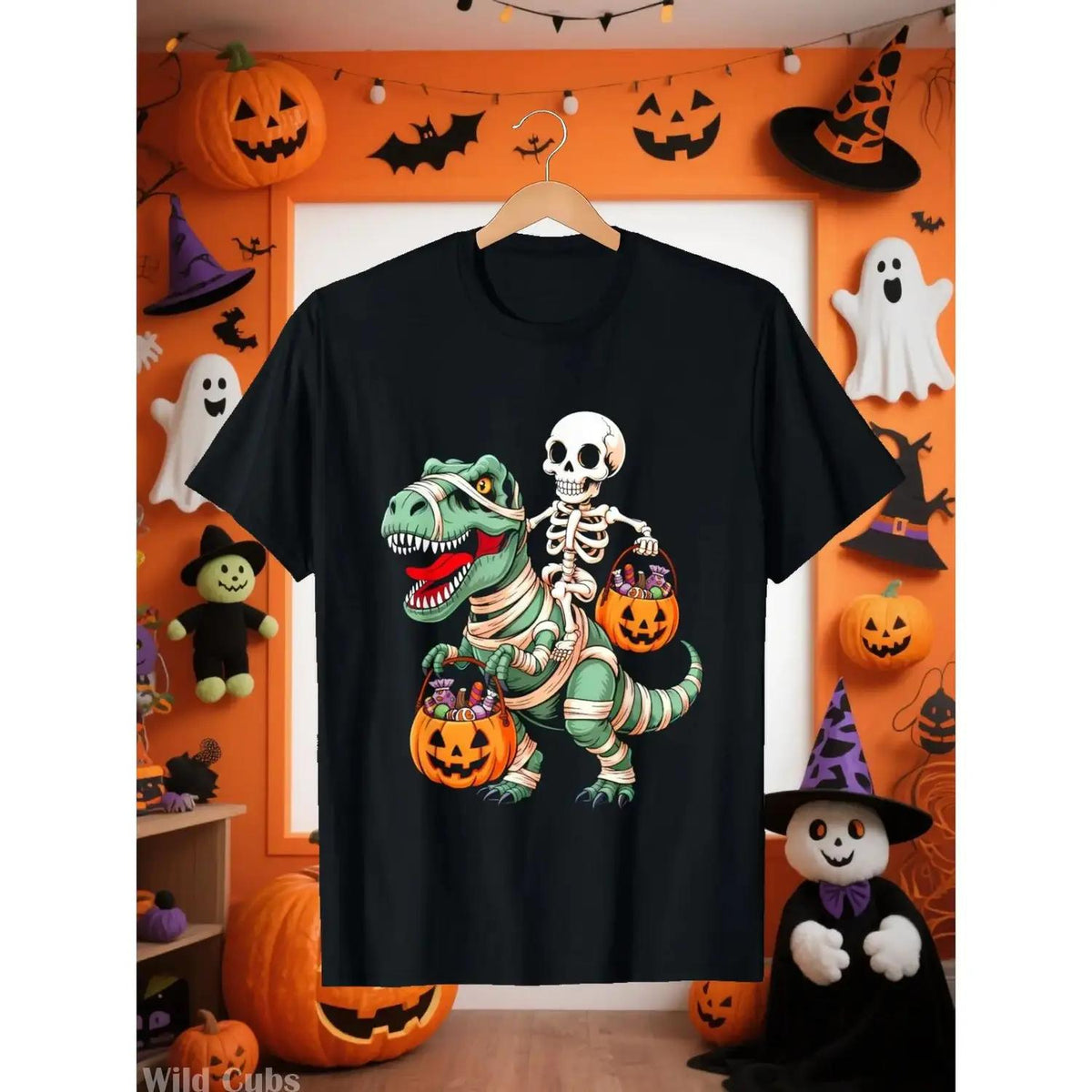 Halloween T-Shirt - Spooky Skeleton Riding Dinosaur & Pumpkin Graphic Tee - Boys & Girls Party Outfit - Soft Everyday Shirt - Birthday or Halloween Party Gift