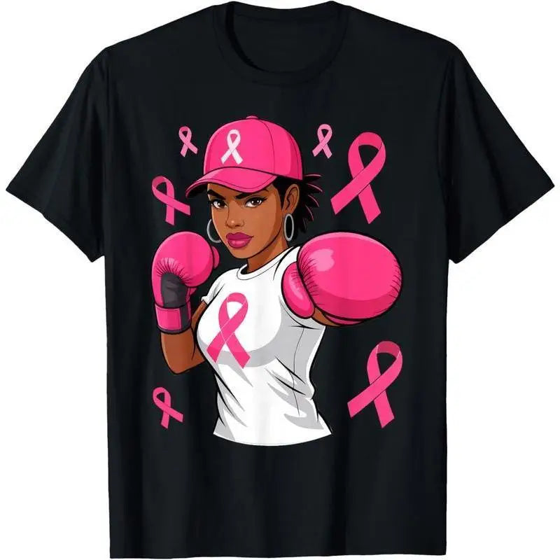 Unisex Women Black African American Fight Breast Cancer Pink Ribbon T-Shirt