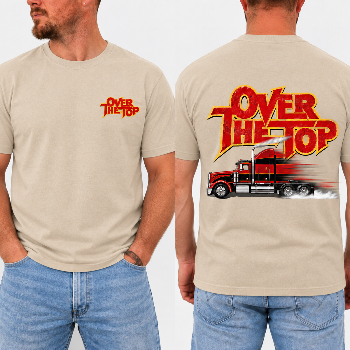 Over The Top Trucker Logo Shirt, Vintage Arm Wrestling Graphic Tee, Classic 80s Movie Style, Retro Truck Driver Gift, Front & Back Print