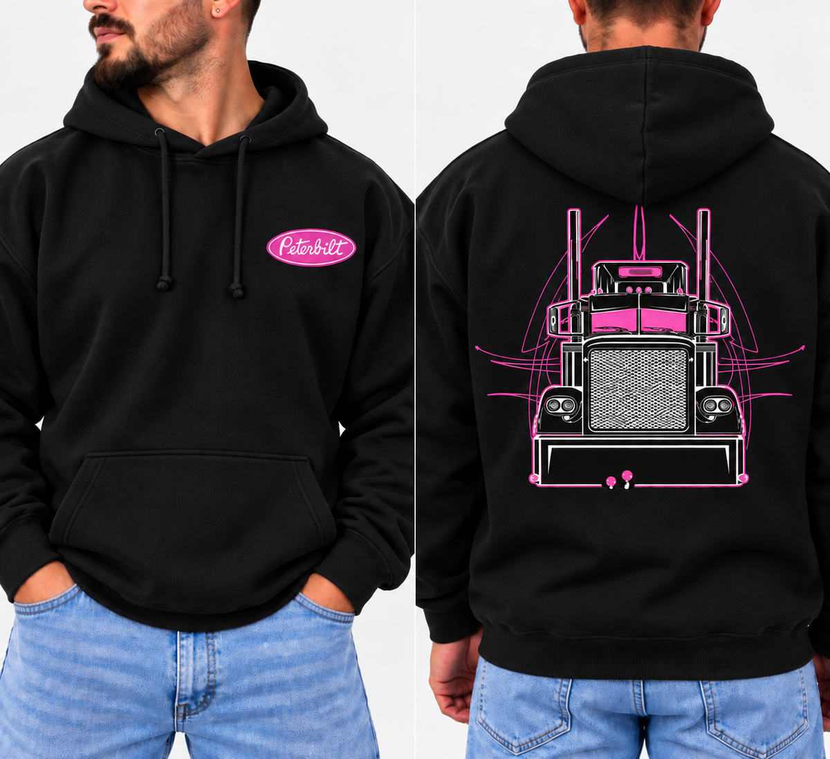 Peterbilt Pink Semi Truck Hoodie, Vintage Trucker Graphic Sweatshirt, Retro Semi Truck Pullover, 2-Sided Print, Unisex Truck Driver Gift