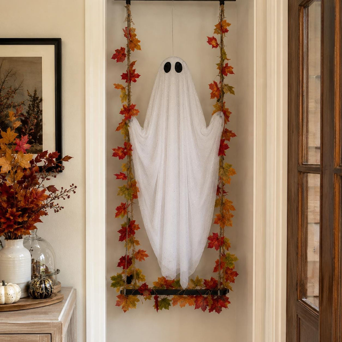 Halloween Ghost Swing Decor, Lighted Hanging Porch Decoration for Halloween Lovers, 3 Sizes
