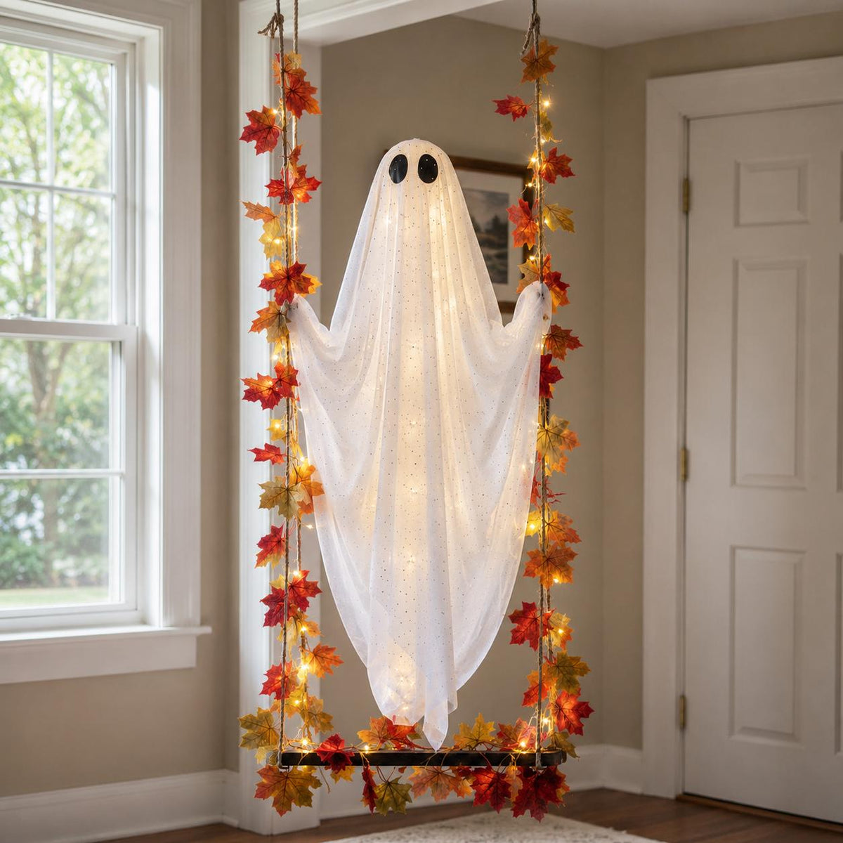 Halloween Ghost Swing Decor, Lighted Hanging Porch Decoration for Halloween Lovers, 3 Sizes