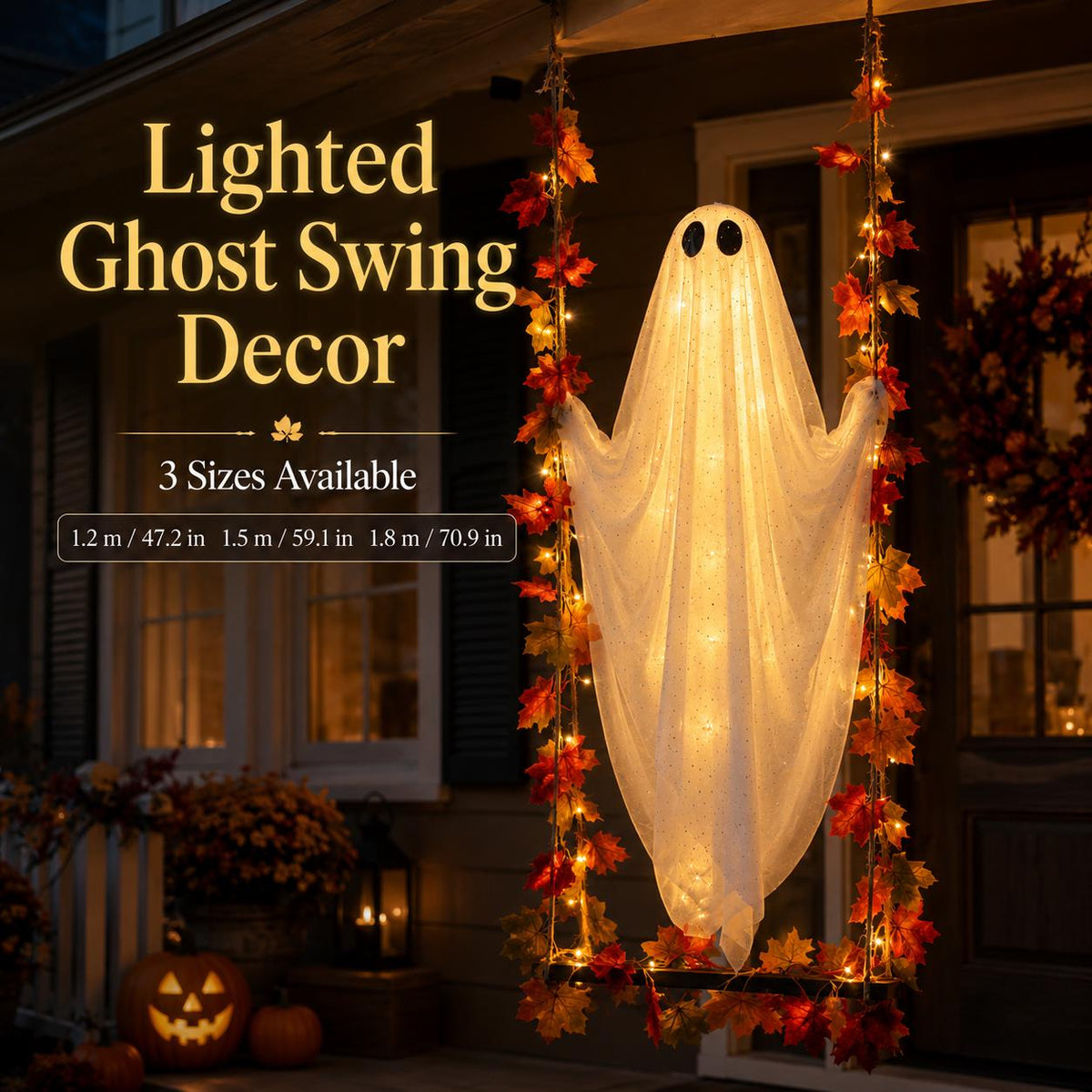 Halloween Ghost Swing Decor, Lighted Hanging Porch Decoration for Halloween Lovers, 3 Sizes