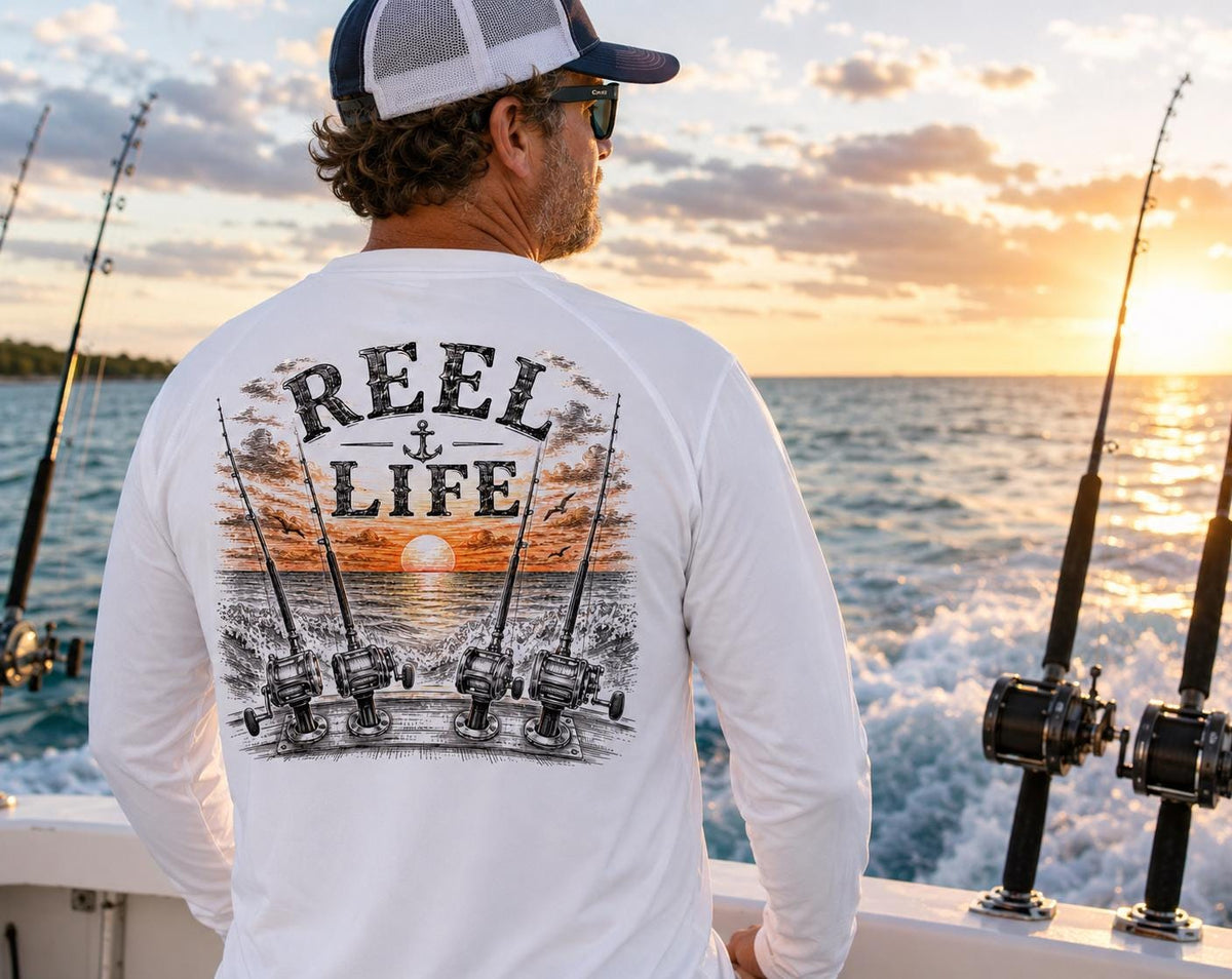 Reel Life Fishing Shirt, Long Sleeve UV Fishing Shirt, Offshore Fishing Performance Tee, Saltwater Angler Gift, Fisherman Boat Shirt for Men