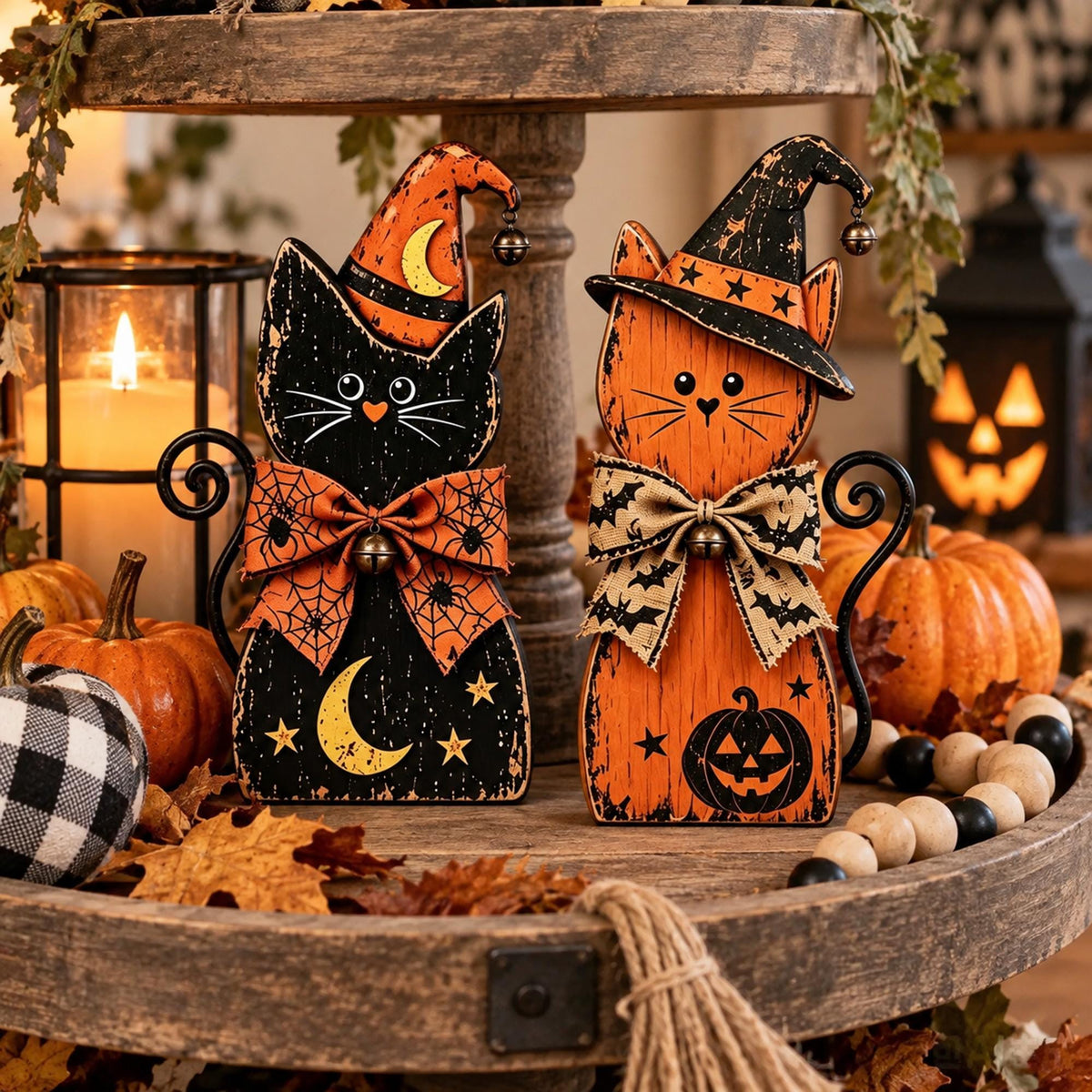 Halloween Cat Decor, Wooden Witch Cat Figurine, Rustic Halloween Shelf Sitter, Black Cat Halloween Decor, Farmhouse Spooky Home Decoration