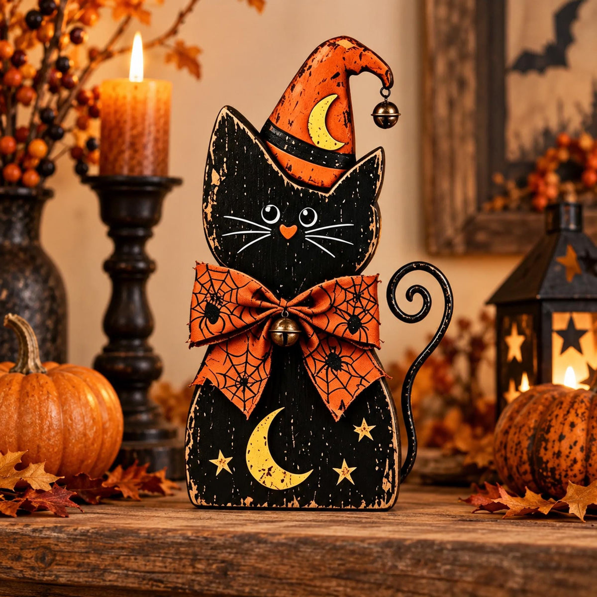 Halloween Cat Decor, Wooden Witch Cat Figurine, Rustic Halloween Shelf Sitter, Black Cat Halloween Decor, Farmhouse Spooky Home Decoration