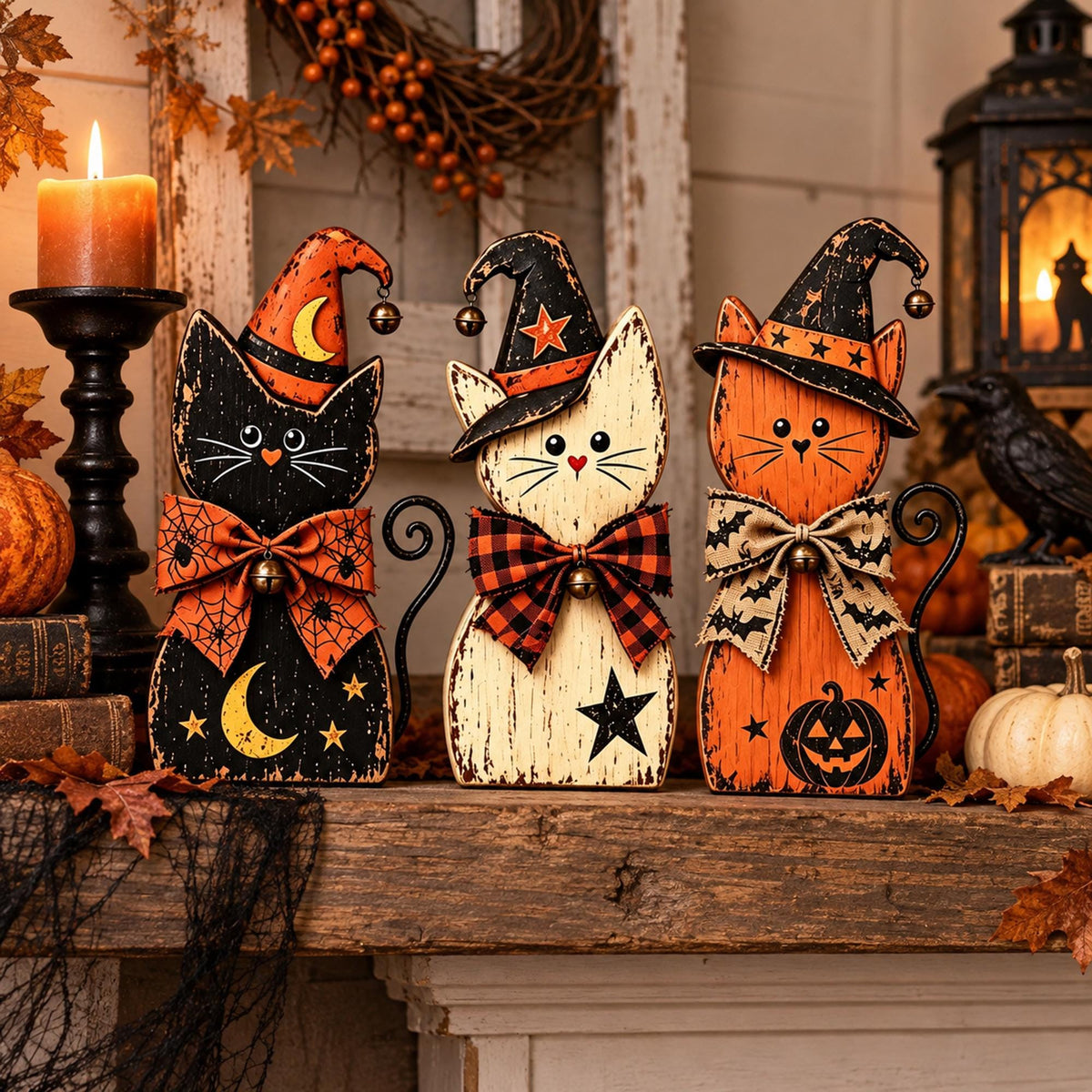 Halloween Cat Decor, Wooden Witch Cat Figurine, Rustic Halloween Shelf Sitter, Black Cat Halloween Decor, Farmhouse Spooky Home Decoration