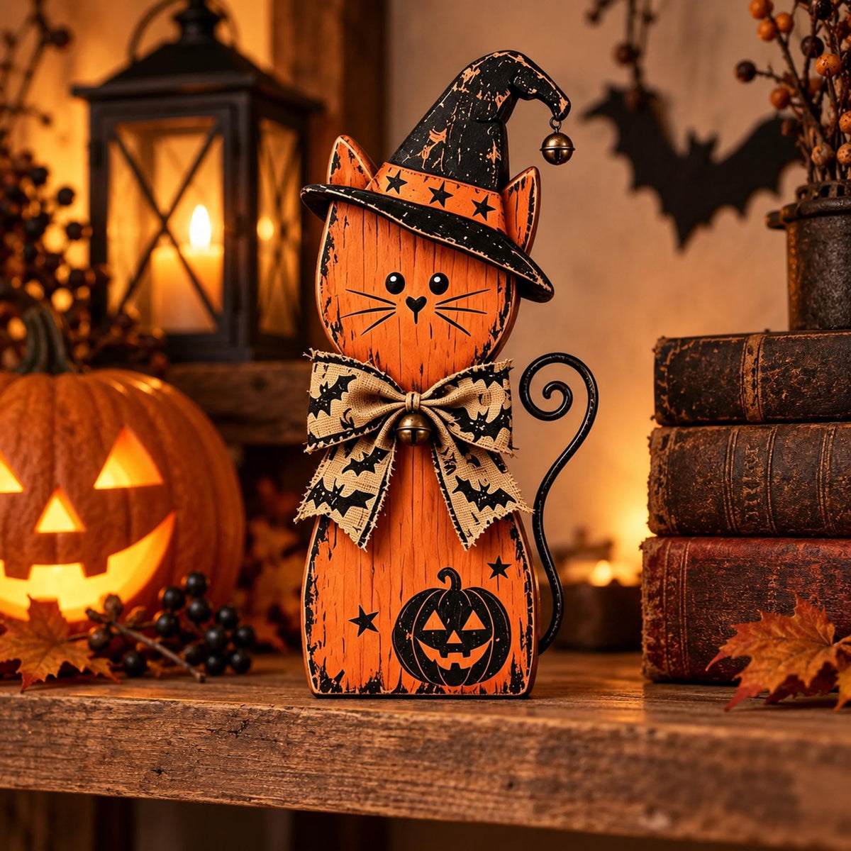 Halloween Cat Decor, Wooden Witch Cat Figurine, Rustic Halloween Shelf Sitter, Black Cat Halloween Decor, Farmhouse Spooky Home Decoration