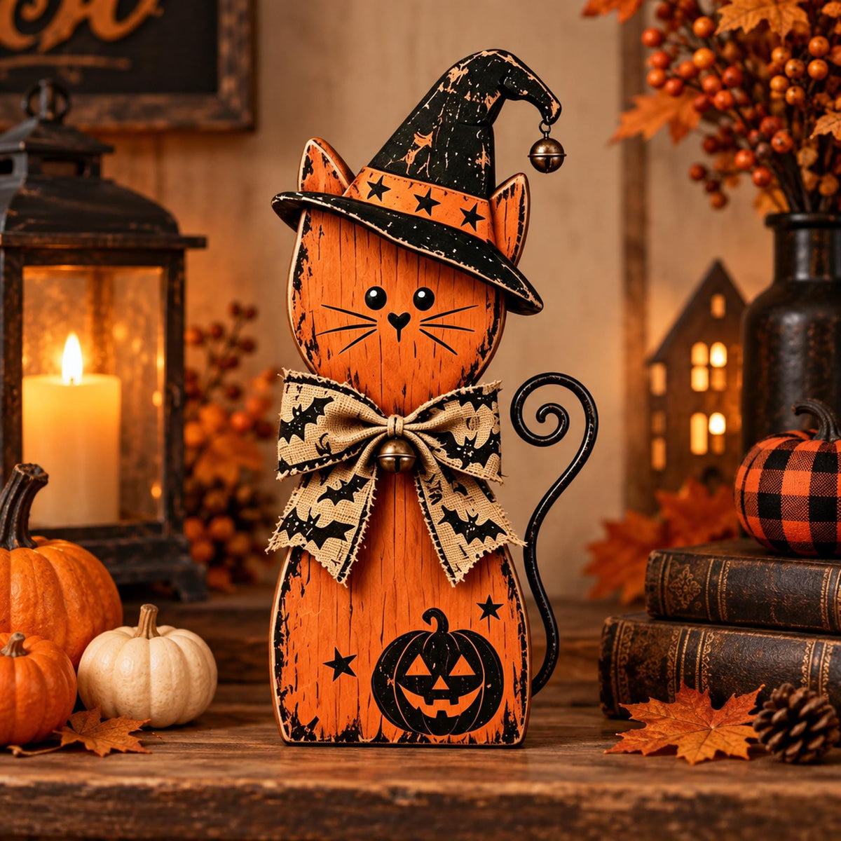 Halloween Cat Decor, Wooden Witch Cat Figurine, Rustic Halloween Shelf Sitter, Black Cat Halloween Decor, Farmhouse Spooky Home Decoration