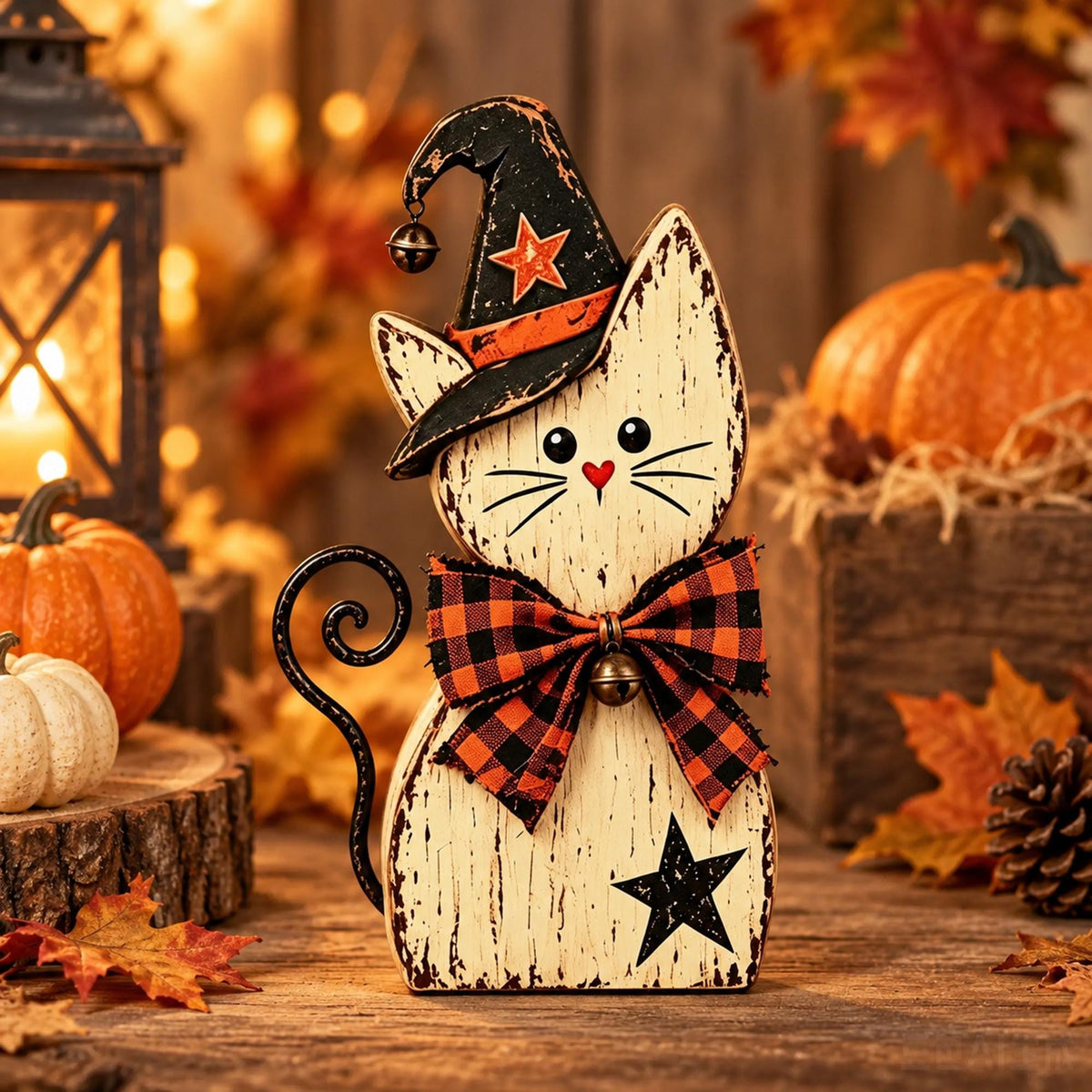 Halloween Cat Decor, Wooden Witch Cat Figurine, Rustic Halloween Shelf Sitter, Black Cat Halloween Decor, Farmhouse Spooky Home Decoration