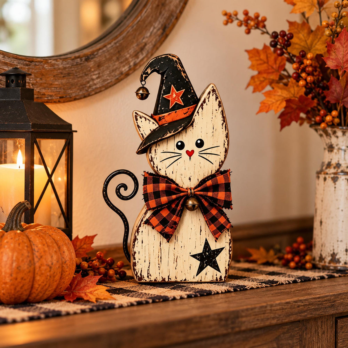 Halloween Cat Decor, Wooden Witch Cat Figurine, Rustic Halloween Shelf Sitter, Black Cat Halloween Decor, Farmhouse Spooky Home Decoration