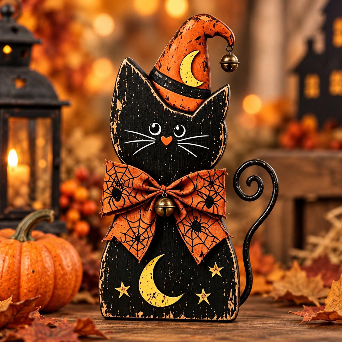 Halloween Cat Decor, Wooden Witch Cat Figurine, Rustic Halloween Shelf Sitter, Black Cat Halloween Decor, Farmhouse Spooky Home Decoration