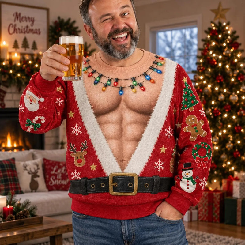 Funny Hairy Santa 3D Sweater, Fake Abs Ugly Christmas Sweatshirt, Hilarious Holiday Gag Gift for Husband, Men Women Crewneck Pullover