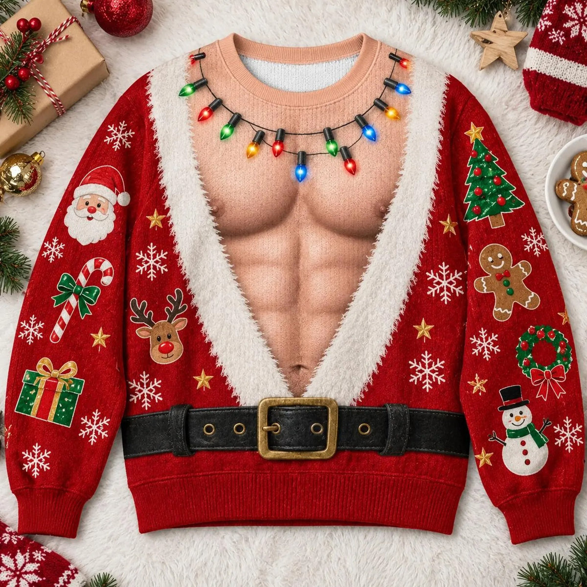 Funny Hairy Santa 3D Sweater, Fake Abs Ugly Christmas Sweatshirt, Hilarious Holiday Gag Gift for Husband, Men Women Crewneck Pullover