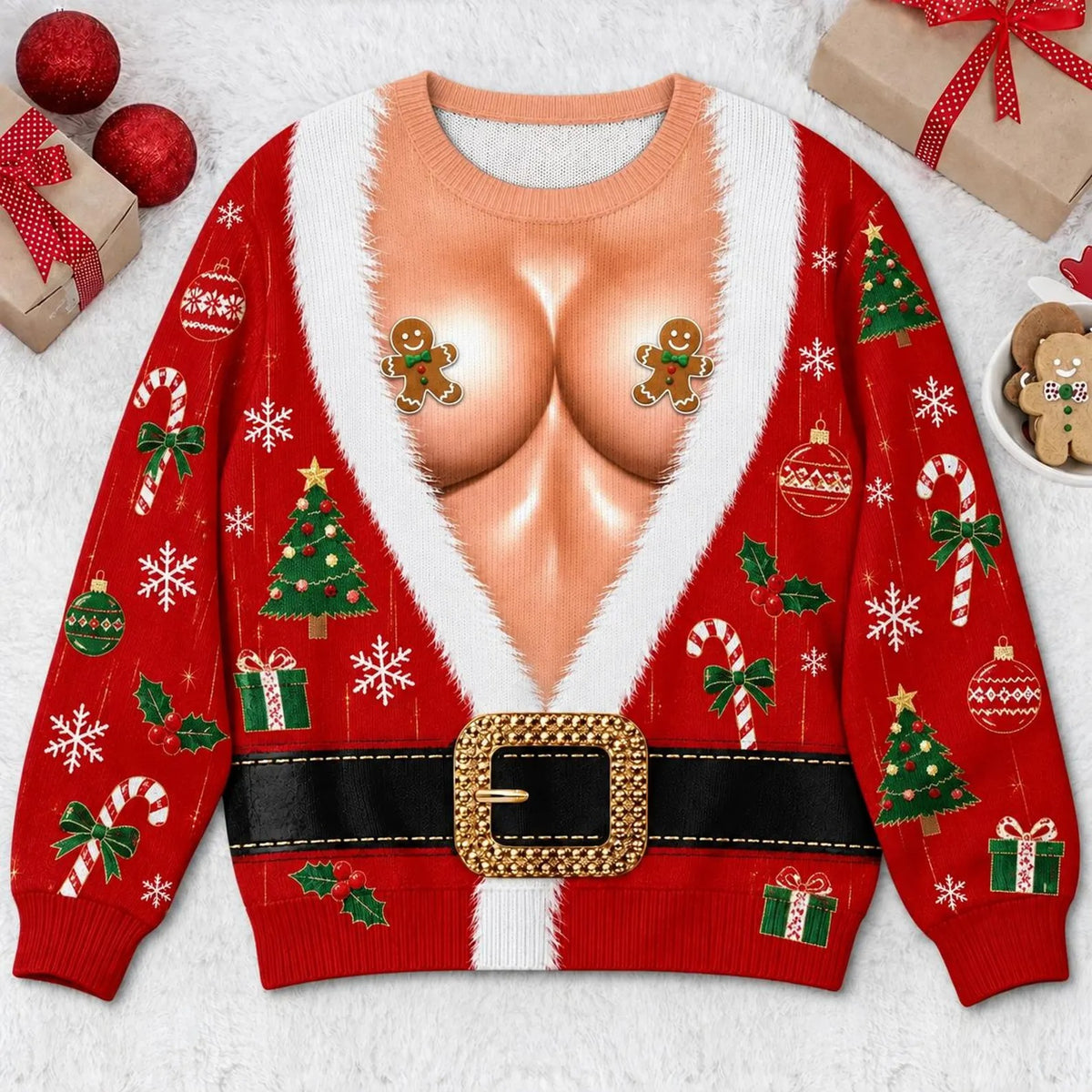 Funny Hairy Santa 3D Sweater, Fake Abs Ugly Christmas Sweatshirt, Hilarious Holiday Gag Gift for Husband, Men Women Crewneck Pullover