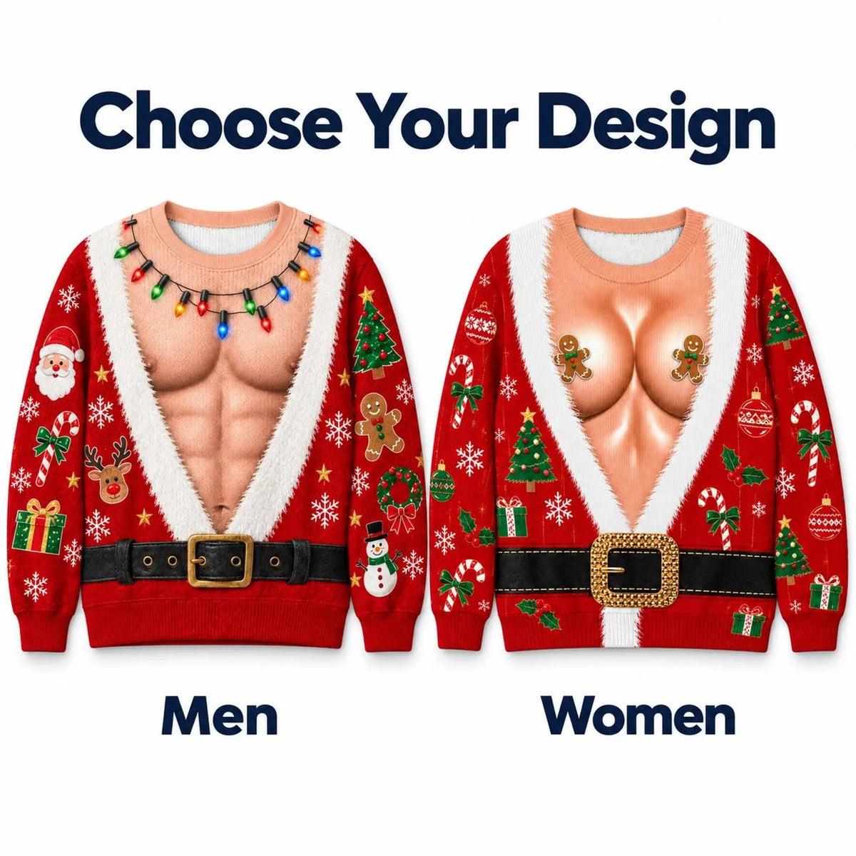 Funny Hairy Santa 3D Sweater, Fake Abs Ugly Christmas Sweatshirt, Hilarious Holiday Gag Gift for Husband, Men Women Crewneck Pullover
