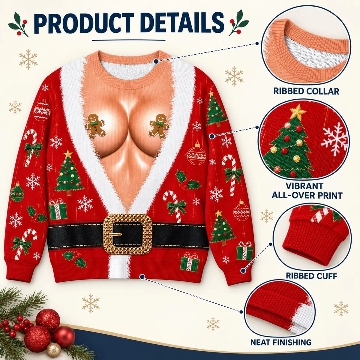 Funny Hairy Santa 3D Sweater, Fake Abs Ugly Christmas Sweatshirt, Hilarious Holiday Gag Gift for Husband, Men Women Crewneck Pullover